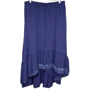 Knox Rose Bohemian Midi Skirt Blue Sz 2XL Floral Emboider High Low Ruffle Hem